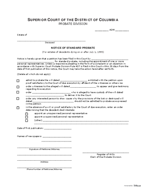 Thumbnail of District of Columbia Form Notice Of Standard Probate