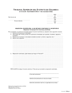 Thumbnail of District of Columbia Form Objection (Exception) To Account Or Inventory (Es)