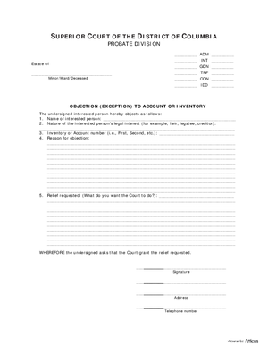 Thumbnail of District of Columbia Form Objection (Exception) To Account Or Inventory