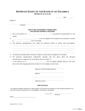 Thumbnail of District of Columbia Form Petition To Deposit Funds Into The Estate Deposit Account And Order