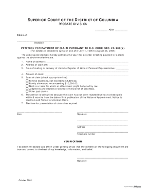 Thumbnail of District of Columbia Form Petition For Payment Of Claim And Order (For Dates Of Death From 07/01/95 To 08/26/01)