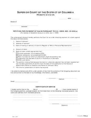 Thumbnail of District of Columbia Form Petition For Payment Of Claim Pursuant To D.c. Code, Sec. 20-909(a) And Order