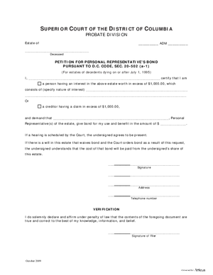 Thumbnail of District of Columbia Form Petition For Personal Representative’s Bond Pursuant To D.c. Code, Sec. 20-502(a-1) And Order