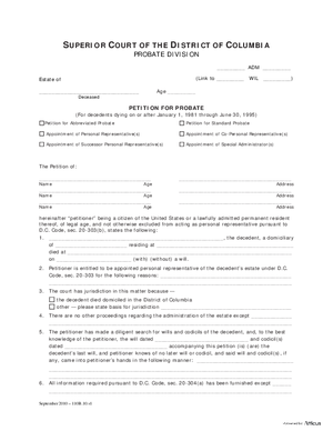 Thumbnail of District of Columbia Form Petition For Probate – For Decedents Dying On January 1, 1981 Through June 30, 1995