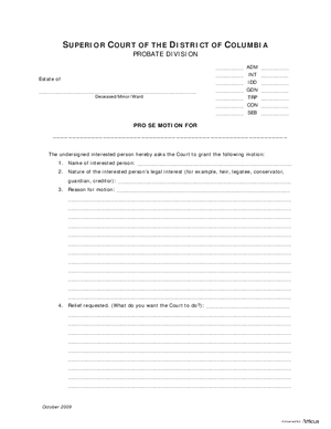 Thumbnail of District of Columbia Form Pro Se Motion And Order