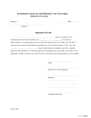 Thumbnail of District of Columbia Form Renunciation, Nomination Of Personal Representative And Statement Regarding Bond