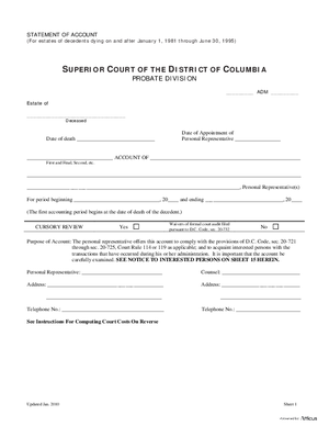 Thumbnail of District of Columbia Form Statement Of Account (And All Attached Sheets) And Order – For Decedents Dying On And After January 1, 1981