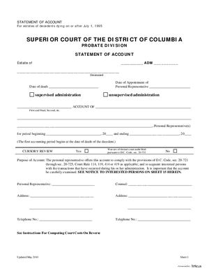 Thumbnail of District of Columbia Form Statement Of Account (And All Attached Sheets) And Order- For Decedents Dying On And After July 1, 1995