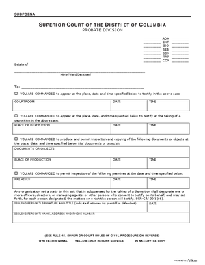 Thumbnail of District of Columbia Form Subpoena (Updated November 2009)
