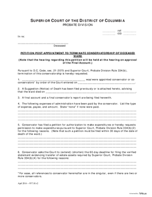 Thumbnail of District of Columbia Form Termination (Int) - Petition Post Appointment To Terminate Conservatorship Of Deceased Ward And Order Appointing Special Administrator And Notice Of Hearing On Subsequent Petition
