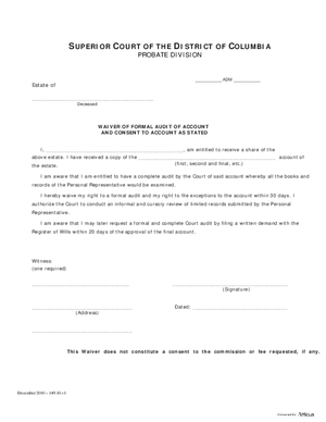 Thumbnail of District of Columbia Form Waiver Of Formal Audit Of Account And Consent To Account As Stated
