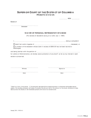 Thumbnail of District of Columbia Form Waiver Of Personal Representative’s Bond