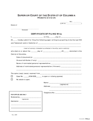 Thumbnail of District of Columbia Form Will, If Any, And Certificate Of Filing Will