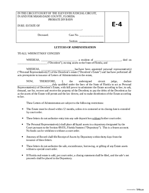Thumbnail of Florida Form Letters Of Administration (Single/multiple Personal Representative(s))