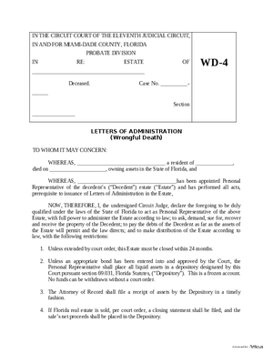 Thumbnail of Florida Form Letters Of Administration (Wrongful Death)