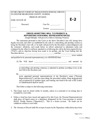 Thumbnail of Florida Form Order Admitting Will To Probate And Appointing Personal Representative(s) (Single/multiple: Self-proved Or Oath Of Attesting Witness)