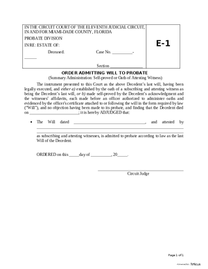 Thumbnail of Florida Form Order Admitting Will To Probate (Summary Administration: Self-proved Or Oath Of Attesting Witness)