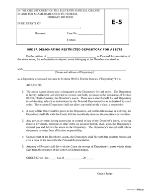 Thumbnail of Florida Form Order Designating Restricted Depository For Assets