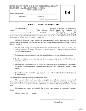 Thumbnail of Florida Form Order To Open Safe Deposit Box