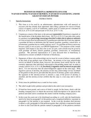 Thumbnail of Georgia Form Petition By Personal Representative For Waiver Of Bond, Waiver Of Reports, Waiver Of Statements And/or Grant Of Certain Powers