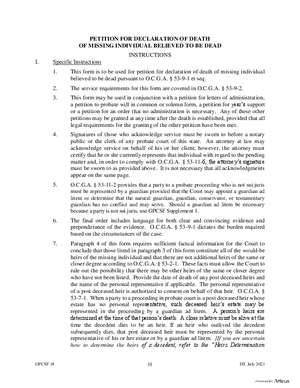 Thumbnail of Georgia Form Petition For Declaration Of Death Of Missing Individual Believed To Be Dead