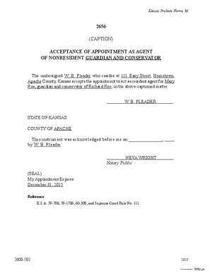 Thumbnail of Kansas Form Acceptance Of Appointment As Agent Of Non-resident Guardian/conservator (Involuntary)