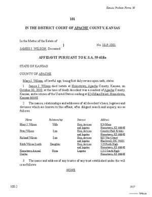Thumbnail of Kansas Form Affidavit Of Death Pursuant To K.s.a. 59-618a