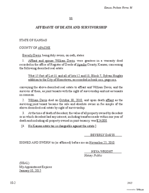 Thumbnail of Kansas Form Affidavit Of Death And Survivorship