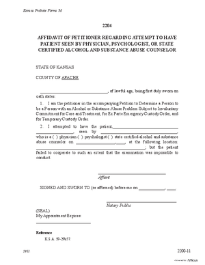 Thumbnail of Kansas Form Affidavit Of Petitioner Regarding Attempt To Have Patient Seen By Physician, Psychologist, Or State Certified Alcohol And Substance Abuse Counselor