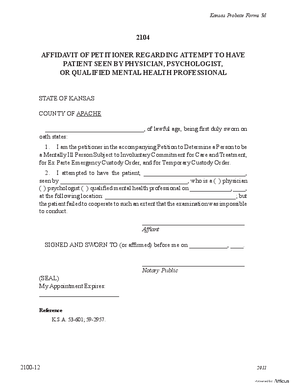 Thumbnail of Kansas Form Affidavit Of Petitioner Regarding Attempt To Have Patient Seen By Physician, Psychologist, Or Qualified Mental Health Professional (Mental Illness)