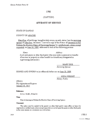 Thumbnail of Kansas Form Affidavit Of Service Of Notice Of Intention To File Petition For Elective Share Of Surviving Spouse