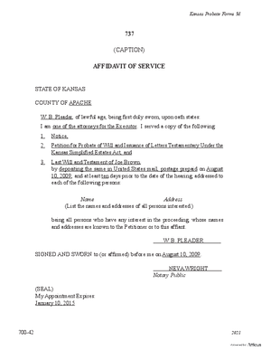 Thumbnail of Kansas Form Affidavit Of Service Of Notice Of Judicial Determination Of Statutory Allowance