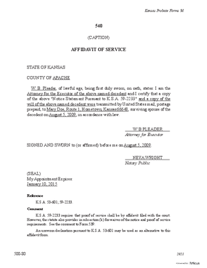 Thumbnail of Kansas Form Affidavit Of Service Of Notice Statement Of Right To Share Of Property And Will (Supervised Testate Administration)