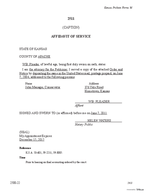 Thumbnail of Kansas Form Affidavit Of Service Of Order And Notice Of Terminating Conservatorship (Attorney For Petitioner)