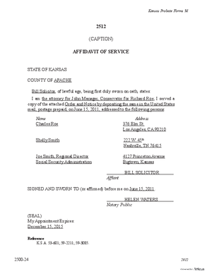 Thumbnail of Kansas Form Affidavit Of Service Of Order And Notice Of Terminating Conservatorship (Attorney For Conservator)