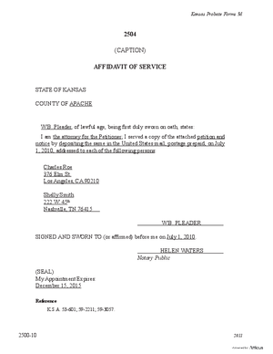 Thumbnail of Kansas Form Affidavit Of Service Of Petition For Conservatorship
