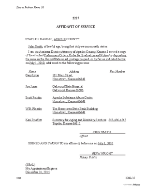 Thumbnail of Kansas Form Affidavit Of Service Of Preliminary Orders, Order Of Evaluation And Notice (Substance Abuse)