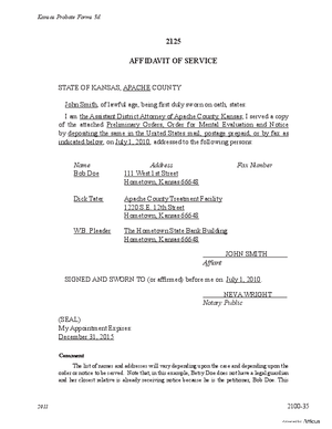 Thumbnail of Kansas Form Affidavit Of Service Of Preliminary Orders, Order For Mental Evaluation And Notice (Mental Illness)