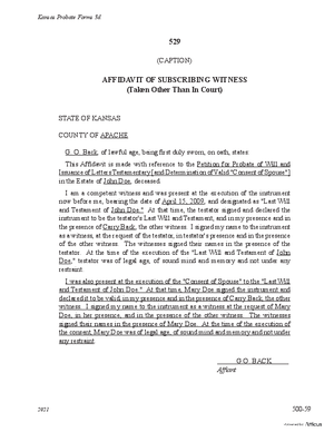 Thumbnail of Kansas Form Affidavit Of Subscribing Witness (Taken Other Than In Court)