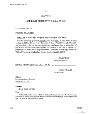 Thumbnail of Kansas Form Affidavit Of Surviving Spouse Right To Share Of Property Pursuant To K.s.a. 59-2233 (Supervised Testate Administration)