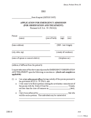 Thumbnail of Kansas Form Application For Emergency Admission To Detox Unit Of State Hospital [For Observation And Treatment] (Substance Abuse)