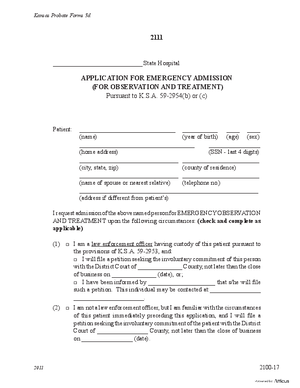 Thumbnail of Kansas Form Application For Emergency Admission To A State Psychiatric Hospital (For Observation And Treatment Of Mental Illness)