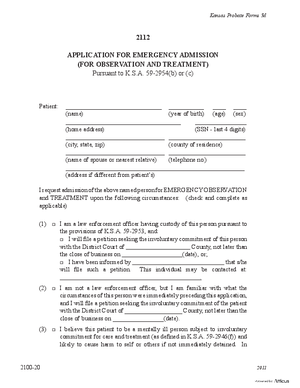 Thumbnail of Kansas Form Application For Emergency Admission To A Treatment Facility Other Than A State Hospital (For Observation And Treatment Of Mental Illness)