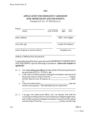 Thumbnail of Kansas Form Application For Emergency Admission To Treatment Facility [For Observation And Treatment] (Substance Abuse)