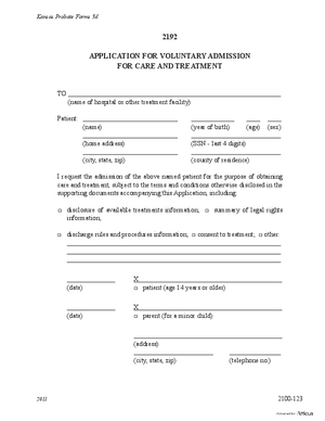 Thumbnail of Kansas Form Application For Voluntary Admission For Care And Treatment (Mental Illness)
