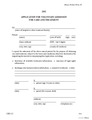 Thumbnail of Kansas Form Application For Voluntary Admissions For Care And Treatment (Substance Abuse)