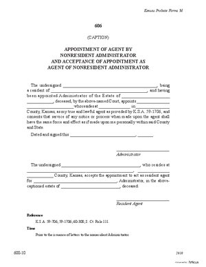 Thumbnail of Kansas Form Appointment Of Agent By Non-resident Administrator And Acceptance Of Appointment As Agent Of Non-resident Administrator (Supervised Intestate Administration)