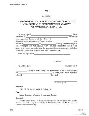 Thumbnail of Kansas Form Appointment Of Agent By Non-resident Executor And Acceptance Of Appointment As Agent Of Non-resident Executor (Supervised Testate Administration)