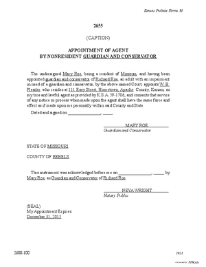Thumbnail of Kansas Form Appointment Of Agent By Non-resident Guardian/conservator (Involuntary)
