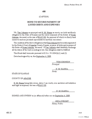 Thumbnail of Kansas Form Bond To Secure Payment Of Listed Debts And Expenses (Informal Administration)